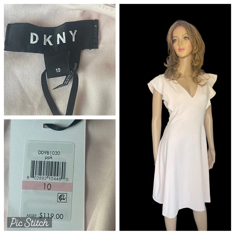 New! Dkny Women's Dress Blush Pink Size 10 A-Line V-Neck Flutter Sleeve‎